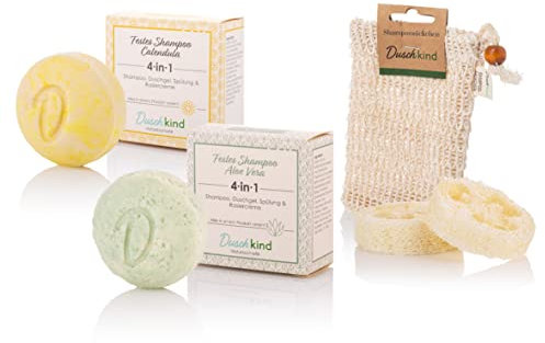 Duschkind shampoing solide naturel hypoallergénique 2 pièces aloe vera & calendula en kit - utilisable comme gel douche & après-shampooing & crème à raser formule vegan emballage recyclable