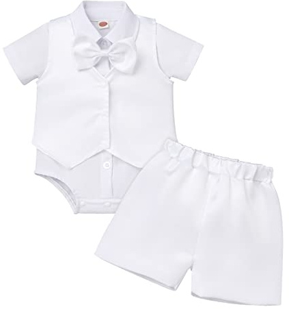 IWEMEK Bébé Garçons Gentleman Vêtements Tenue Chemise Barboteuse Manches Courtes Gilet Nœud Papillon Pantalon Costume Baptême Fête Anniversaire Cérémonie Mariage Ensemble Été Blanc 6-12 mois