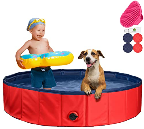 Stabiler Hundepool | Planschbecken für Hunde | Faltbarer Pool mit Ablassventil | rutschfeste Badewanne | Bällebad | Bälle Bad inkl. Badebürste & Reparaturset - Dog Pool 100x30 (Red)