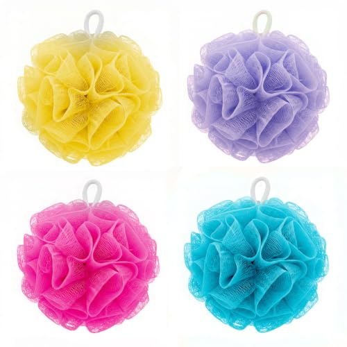 Elysium Spa Pack of 4 Mesh Exfoliating Bath & Shower Body Puff Sponges | Loofah Sponge For Showers, Baths To Exfoliate Scrub Wash Skin - Bathing Scrubber Poufs (Lavender, Blue, Fuchsia & Yellow)