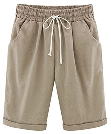 oglccg Womens Half Pants Plus Size Knee Length Cotton Linen Shorts with Pockets Summer Solid Beach Vacation Straight Leg Trousers Drawstring Elastic Waist Bermuda Casual Work Shorts, Khaki, 4XL