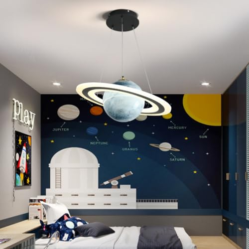 Lanekd LED Kinderzimmerlampe Pendelleuchte Dimmbar Ø48CM Planet Hängelampe Jungen Mädchen Schlafzimmerlampe Modern Rund Design Kronleuchter Küchen Esszimmer Wohnzimmer Hängeleuchte (Blau)