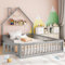 Kinderbett Bodenbett Doppelbett 140x200 cm mit Sicherheitsgitter&Lattenrost&Schornsteinform, Montessori Bett Bed Gitterbett Hausbett Holzbett Bettgestell Jugendbett, Kiefernholz, Ohne Matratze, Grau