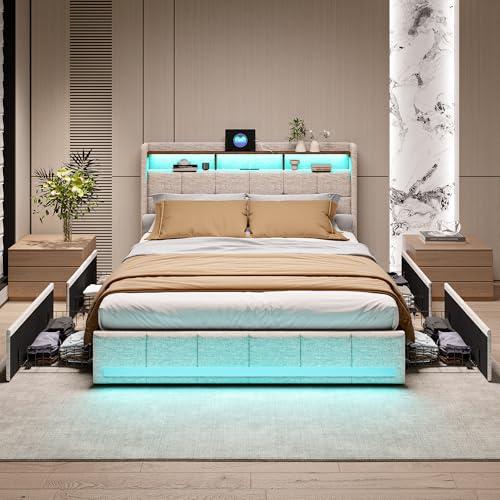 Säng 160 x 200 med LED och 2 USB, typ-C, dubbelsäng med 4 förvaringslådor, säng för 2 personer, vadderad säng med sänggavel och LED-belysning, ribbotten (utan madrasser) (beige, 160 x 200 cm)