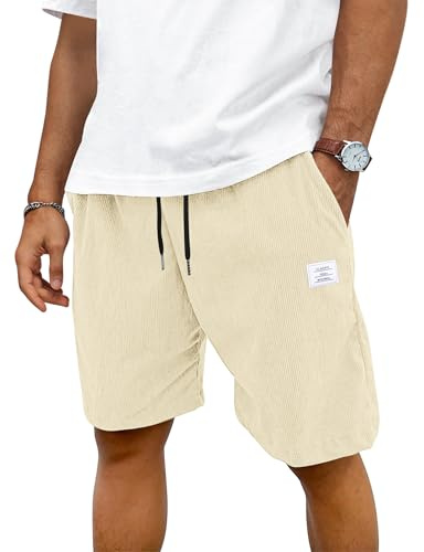 TARAINYA Velours Côtelé Short Homme Coton Stretch Cordon de Serrage été Casual Chino Corduroy Shorts Court Homme avec Poches Beige 3XL