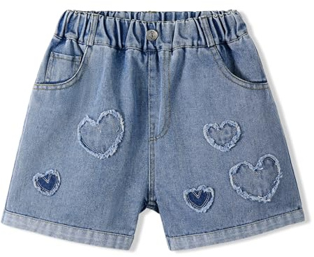 Rolanko Vaqueros Pantalones Cortos para Niñas, Cintura Elástica, Rasgados Jeans Cortos de Verano con Bolsillos para Niños, Patchwork Corazón, Talla: 11-12 Años, 160