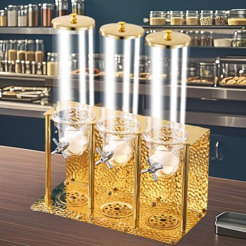NLLATEI Dispenser Cereali da Banco, Distributore di Cereali in Acciaio Inossidabile di Grande capacità per Dispensa, Contenitori per Alimenti Secchi per Snack, Fiocchi D'avena(Gold,Triple Head 10.5L)