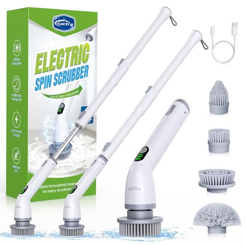 Luctry Electric Spin Scrubber, Cordless Electric Cleaning Brush with Adjustable Extension Arm, 4 Cleaning Brush Heads, Power Scrubber for Bathroom, Kitchen,Tiles, Floors, and Bathtubs