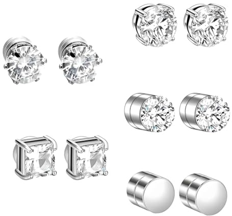 WUSJCOF 5 pares hebilla magnética, sin piercing, oreja falsa para hombre (redondo/cuadrático) (plata)