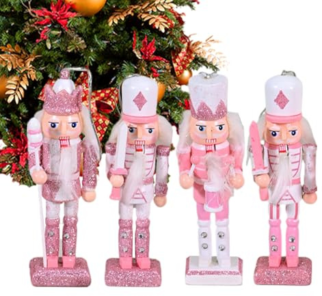 Nötknäckare Julprydnad | Festlig Rosa Julprydnad För Hyllor 4-Delars | Träfigurer Festdekoration Till Helgdagar Vardagsrum Skänk Bord,Tacksägelsedag
