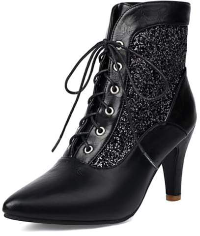 Qynthra Botines De Brillo para Mujer, con Cordones, Punta Puntiaguda, Tacón Cónico, Zapatos Elegantes para Noche, Oficina, Fiesta Y Salidas, Botines Cortos A La Moda,Negro,34 EU