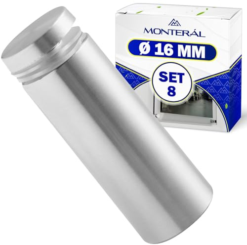 8 Stück Abstandshalter Edelstahl Ø 16 mm für Glas mit Dicke von bis zu 10 mm - Wandabstandshalter ist Geeignet für Spiegel Bilder Plexiglas und Schilder - Garantie 10 Jahre - MONTERAL