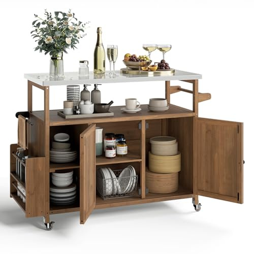 COSTWAY Chariot d'Extérieur en Bois avec 2 Plateaux, Meuble de Préparation BBQ avec roulettes Verrouillables Armoire de Rangement Étagère Ouverte Compartiments Porte-Serviettes