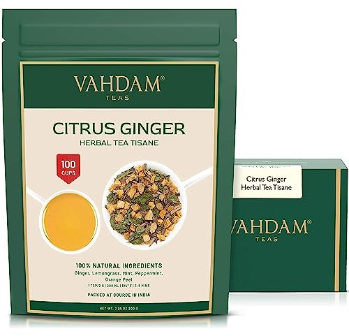 VAHDAM, Tisana De Té De Hierbas De Jengibre Cítrico (50 Tazas, 100 gram) Jengibre, Limoncillo, Cáscara De Naranja, Menta | Hojas Sueltas De Té De Hierbas | Paquete Sellado Al Vacío