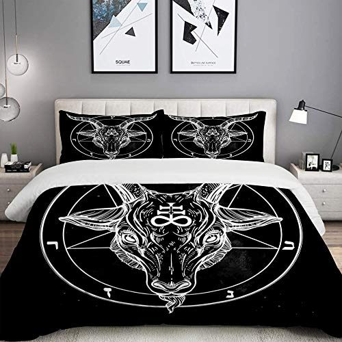MOBEITI Bettwäsche-Set, Mikrofaser,Pentagramm mit Dämon Baphomet Satanic-Ziegen-Kopf-binäres Symbol-Tätowierungs-Retro- Musik,1 Bettbezug 200 x 200cm+ 2 Kopfkissenbezug 80x80cm