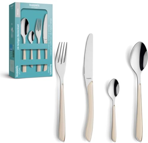 Kuppels Prisma Besteck Set für 6 Personen aus Edelstahl poliert | Besteckset 24-teilig | Hochwertige Kunststoff-Griffschalen in Baumwoll-Weiß | Rostfrei | Essbesteck für 6 Personen | Spülmaschinenfest