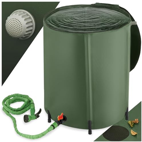tectake® Vikbar Regntunna Grön med Överflödesskydd, Absolut Rostfri Regnvattentank, väderbeständig, Slitstark, Vatteninloppsgaller, Ovansidan med Blixtlås, Plastfötter, Regntunna 200 liter