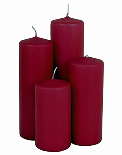 Lot de 4 bougies piliers en cire véritable - Couleur bordeaux - 4 hauteurs différentes - Décoration de Noël, d'hiver, de l'Avent - Sans parfum