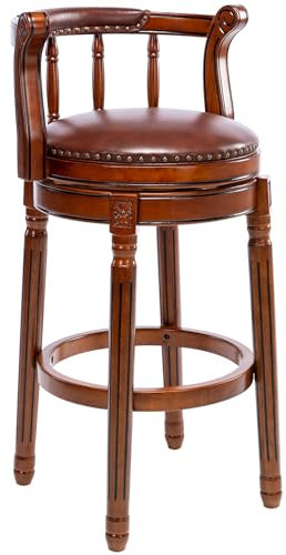 AULIFE Barhocker Holz – 360° Drehbar Barhocker mit Lehne, Echtleder Sitz, Handgefertigt mit Nagelkopfdekor, Massiver Gummibaumholzrahmen, Vintage Barstuhl für Küche & Bar (Braun, Sitzhöhe 75cm)