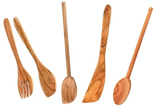 Fackelmann 9902050 Köksredskapsset i olivträ, 4 delar, salladsbestick, skedar, spatel, olivträ, 30 cm