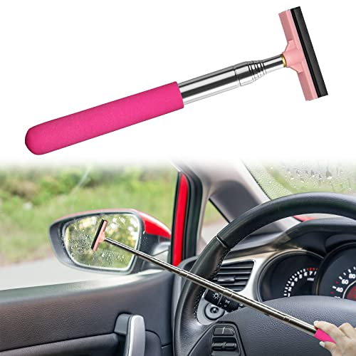 Car Rearview Mirror Wiper, Retractable Window Squeegee, Small Auto Squeegee Cleaner Water Side Mirror Wiper with Telescopic Long Handle, Snow Brush & Ice Scraper Car Accessories Cleaner Tool（Pink）…