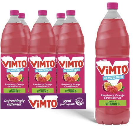 Vimto Fruit Squash – No Added Sugar – Raspberry, Orange & Passionfruit – Vitamin D – 6 x 1.5L Bottles – Vegetarian – Low Calorie Cordial