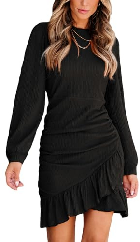 Vestido CUPSHE de mujer, de cuello redondo, manga larga, con pliegues decorativos, dobladillo asimétrico con volantes, estilo cruzado, vestido corto de ocio elegante para fiesta, mini vestido, Negro