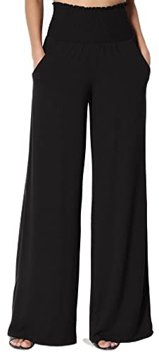 Cicy Bell Stoffhose Damen Sommer Elegant Palazzo Hose High Waist Flowy Weites Musselin Lockere Sommerhose Mit Tasche(Schwarz,L)
