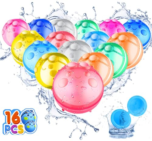Tosekry 16 Stück Wasserbomben Wiederverwendbar mit Netzbeutel, Wasserbomben Selbstschließend Wasserspielzeug Kinder Outdoor Spielzeug Junge Magic Splashy Balls Pool Spielzeug (Smile-16 Stück)