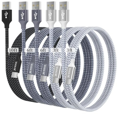 JIUWFOX USB to USB C Cable, (5-Pack, 3/3/6/6/10 ft) for iPhone 17 16 Charger Cord Fast Charging, for Samsung Galaxy S25 S24 S23 S22 A17 A16, Pixel 10 9