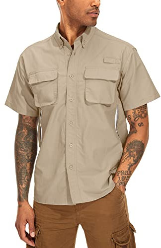 Asfixiado Hemd Herren Kurzarm Safari UPF50+ UV Schutz Wanderhemd Funktionshemd Atmungsaktiv Schnelltrocknend Outdoorhemd Casual Button Down Shirts（5018 Khaki XL）