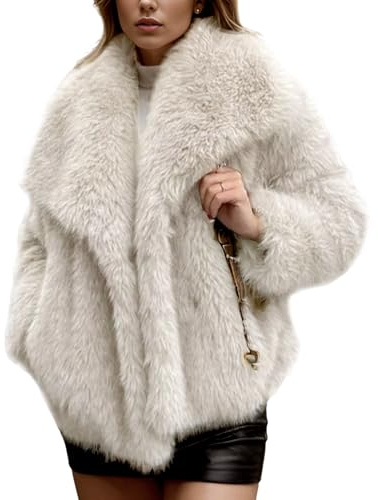 Yimoon Women's Cropped Faux Fur Jacket Lapel Open Front Shaggy Furry Coat 2024 Winter Warm Fluffy Overcoat(Apricot-M)