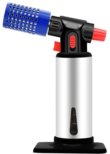 Molgoc Butane Torch with Anti-scalding Device,Stainless Steel Protective Cover,Refillable Kitchen Torch Lighter,Adjustable Flame Guard. (Butane Gas Not Included,Yellow) (Visible Blue)