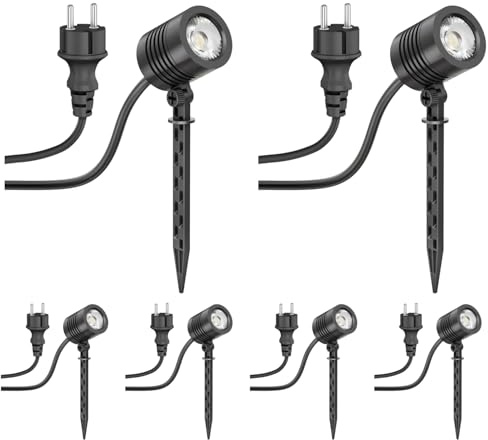ledscom.de 6 piezas Foco LED pequeño de jardín con piqueta de suelo TARL para exteriores, IP65, enchufe, negro, 4,3 W, 340 lm, blanco cálido