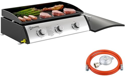 Outsunny Barbecue a Gas in Acciaio, Piastra a Gas Smaltato a 3 Bruciatori Potenza 7.5kW, Griglia Barbecue Portatile con Zone di Cottura 61x35.5cm, Regolatore, Tubo e Coperchio, Nero