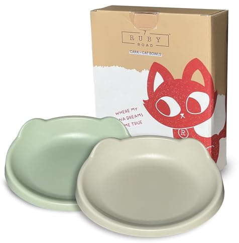 7 Ruby Road Anti Whisker Fatigue Cat Bowl, Set of 2 - Wide Food Bowls, Wet and Dry Shallow Food Dish, Small Cat Dishes for Indoor Cats, Cute Kitten Bowls Whisker Friendly & Relief, Non-Slip Plates