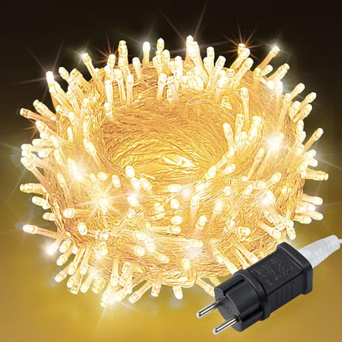 LEECOCO Guirlande Lumineuse Extérieure 20M 200 LED Blanc Chaud 8 Modes IP44 Étanche Câble Transparent Alimenté par Courant pour Jardin, Noël, Mariage, Fête, Intérieur et Extérieur (Blanc Chaud, 20M