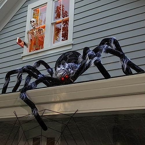 Araignée Géante Halloween Décoration Extérieure avec Yeux Rouges Halloween Deco Horreur pour Fausse Araignée Velue pour Jardin, Cour, Maison Hantée (E#150cm)
