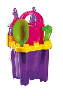 cavernedesjouets Seau Garni Chateau Fort 16 cm avec Tamis, arrosoir, Pelle, rateau, moules a Sable - Coloris Violet Pailletes - Set Jeu de Plage Enfants avec 1 Carte