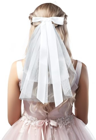 Nogeqi Short Wedding Veil, Pearl Bow Bridal Veil with Clip, Elegant White Hair Bow for Wedding Decoration Gift for Brides Women Bachelorette Party Accessories