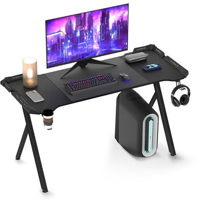 XMTECH Gamingbord, svart med RGB LED, kol-bordsskiva, 140 cm PC-skrivbord, datorbord, Y-formade ben, ergonomisk, mugghållare och hörlurskrok, för gaming, streaming och hemmakontor