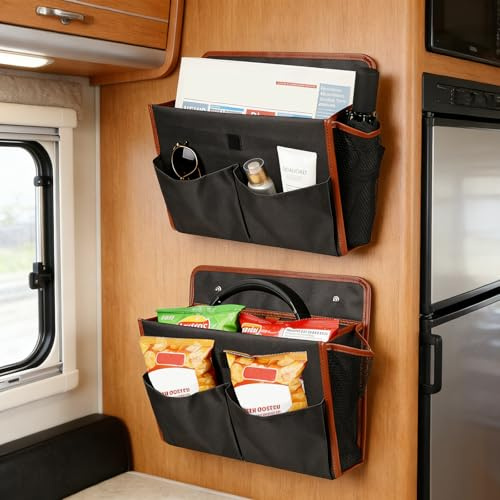Organizer per camper, confezione da 2 pezzi con tasca frontale e borsa laterale aggiuntiva, organizer da appendere alla parete con bordo in PU, accessori pieghevoli autoadesivi per camper, per ufficio