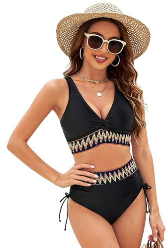 Women's Bikini Sets Sexy High-Waisted Tummy Control Two Piece Swimsuit V-Neck Drawstring Colorful Striped Swimwear Bikinis for Ladies Beach Pool
