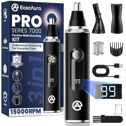 EaseAura® Cortapelos Nariz y Orejas Recargable 3 en 1, Recortador Pelos Nariz Hombre y Mujer, Cortador Pelos Nariz y Orejas Eléctrico, Trimmer Cejas y Barba, Quitapelos Nariz, Tijeras, LED, IPX7