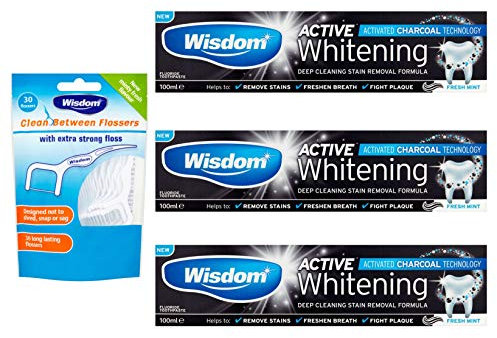 Wisdom Active Whitening Activated Charcoal Toothpaste Pack of 3 with Flosser