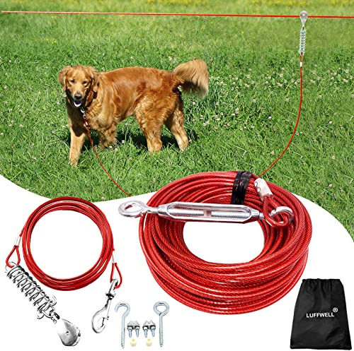 LUFFWELL Corredores para Perros para Exteriores, 100 pies para Patio con Cable de Amarre para Perros de 15 pies, Correa Resistente para Perros Grandes, Sistema de Carrito con Cremallera para Perros,