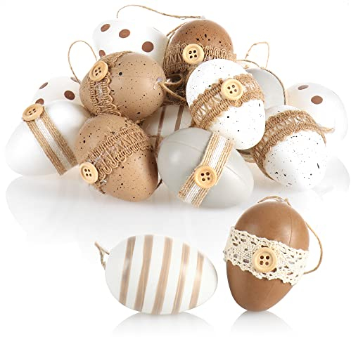 com-four® 18x Dekorative Ostereier zum Aufhängen - Naturfarbene Osterdeko mit tollen Verzierungen - Deko Ostereier mit Schnur zum Aufhängen - Größe: 6 cm