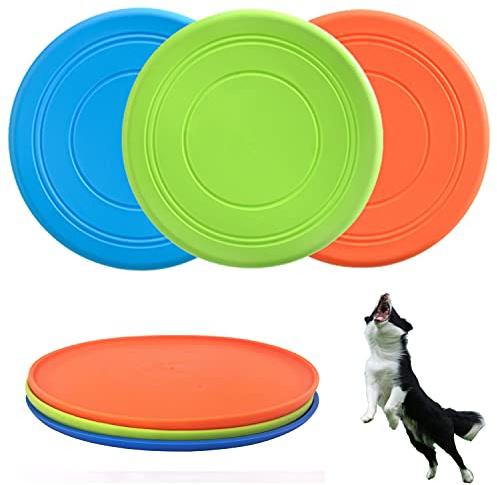 XIGOU Dog Flying Disc, 3 Pack Dog Flyer Toys, Soft Rubber Interactive Lightweight Flying Disc Dog Toy for Small Large Dogs - Floats in Water & Safe on Teeth, 7 inch.