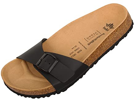 loki GRETA by Pantolette für Damen I nachhaltig & vegan, PETA-zertifiziert I flexible EVA-Laufsohle & Memory-Korkfußbett I modische Einriemer-Sandalen, Allergiker-freundlich I 40 in Schwarz