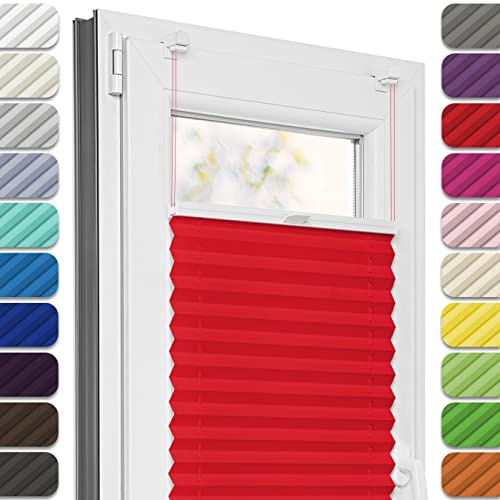 Estika Plissee ohne Bohren, Premium Klemmfix - 50cm Breite x 120cm Höhe - Rot - Metal Plisseehalter ohne Bohren, Modern Sichtschutz für Fenster, Jalousien Fenster für innen